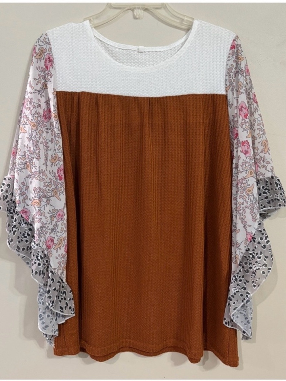 Rust Brown Textured Top with Floral Flutter Sleeves